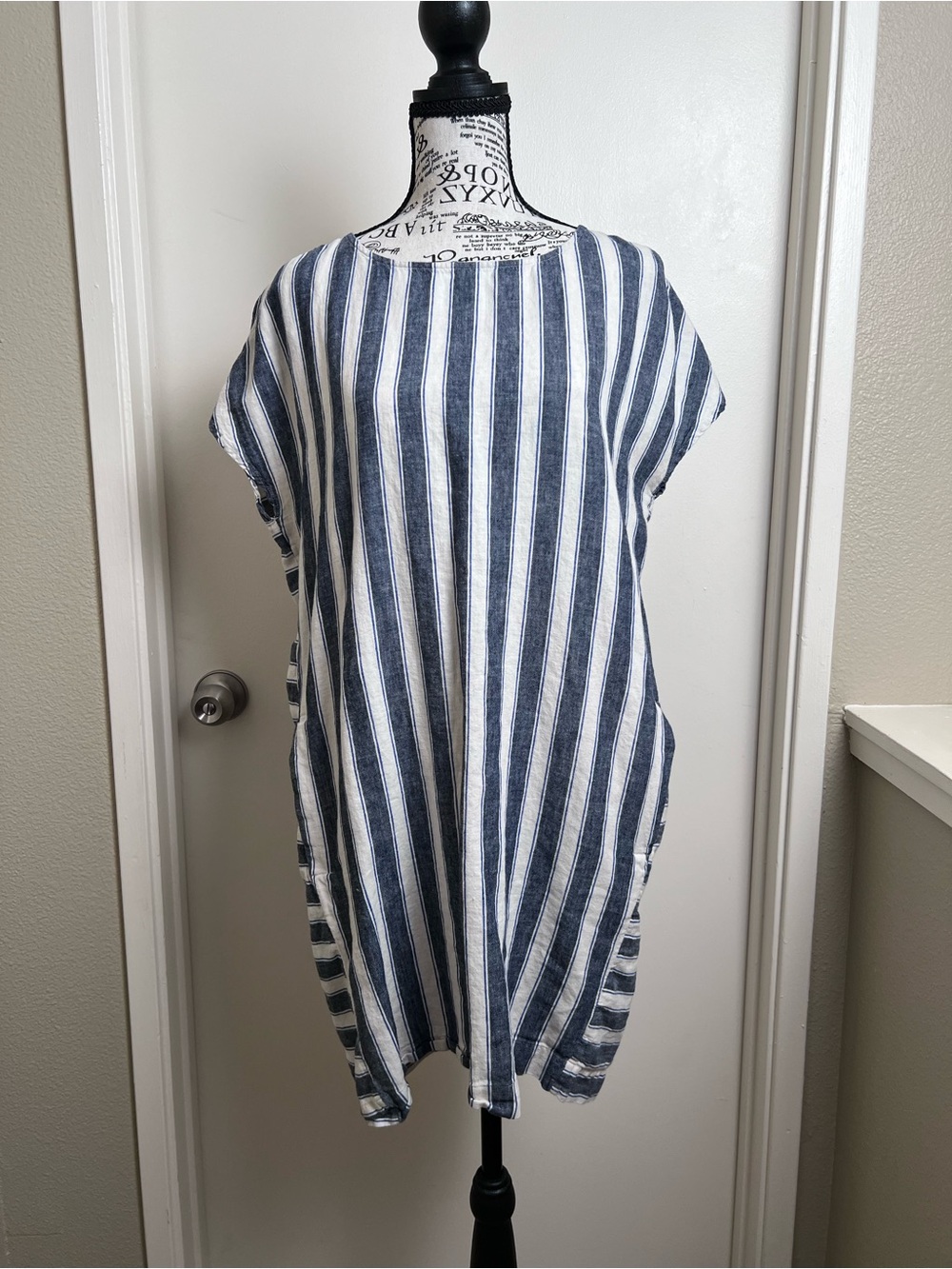 Madewell Linen Blend Striped Shift Dress Pockets Blue White Medium - Picture 1 of 8